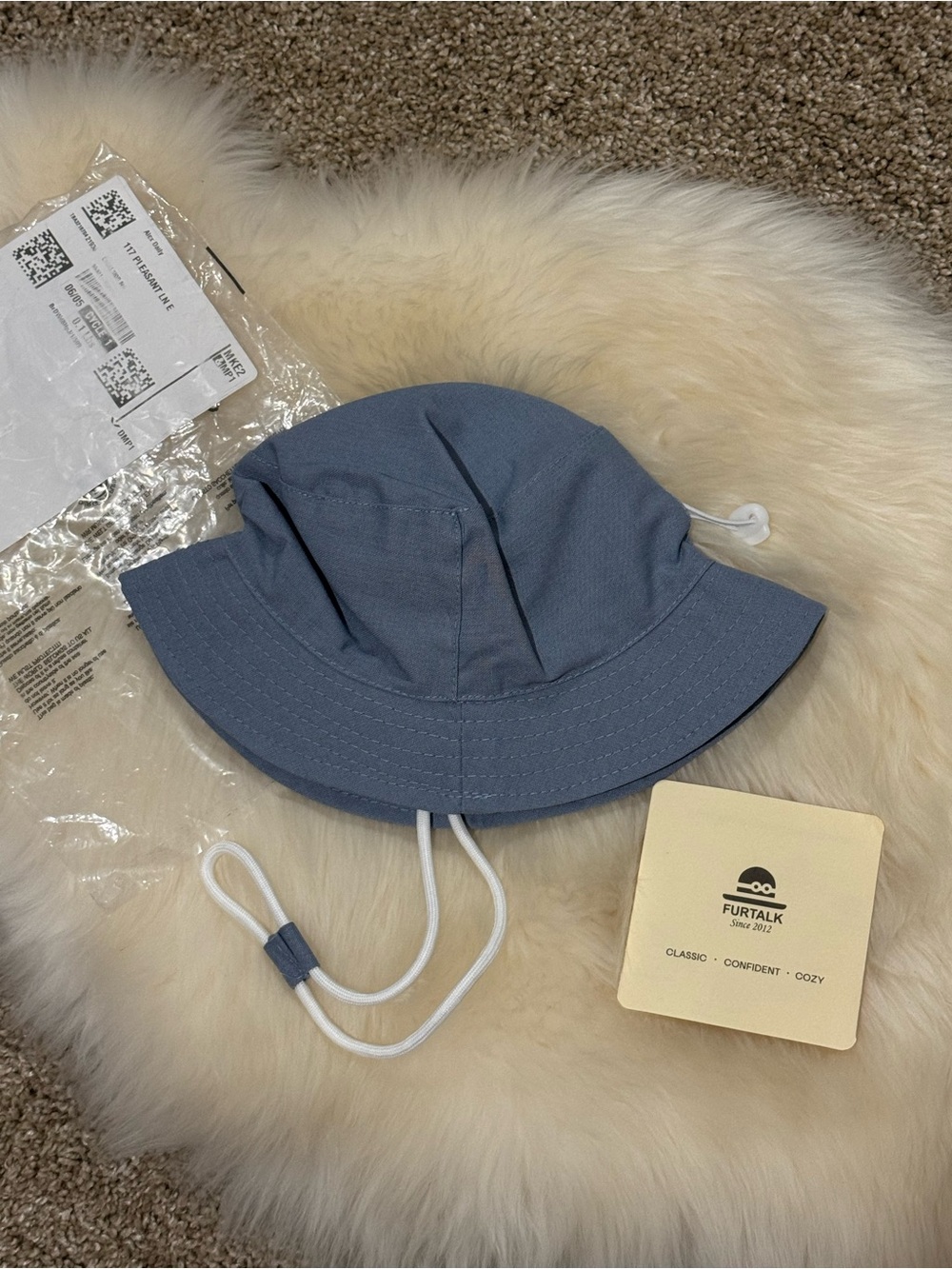 Light Blue Baby Boy Girl Bucket Sun Hat Chin Strap Cotton Linen Blend Sz 6-12 m